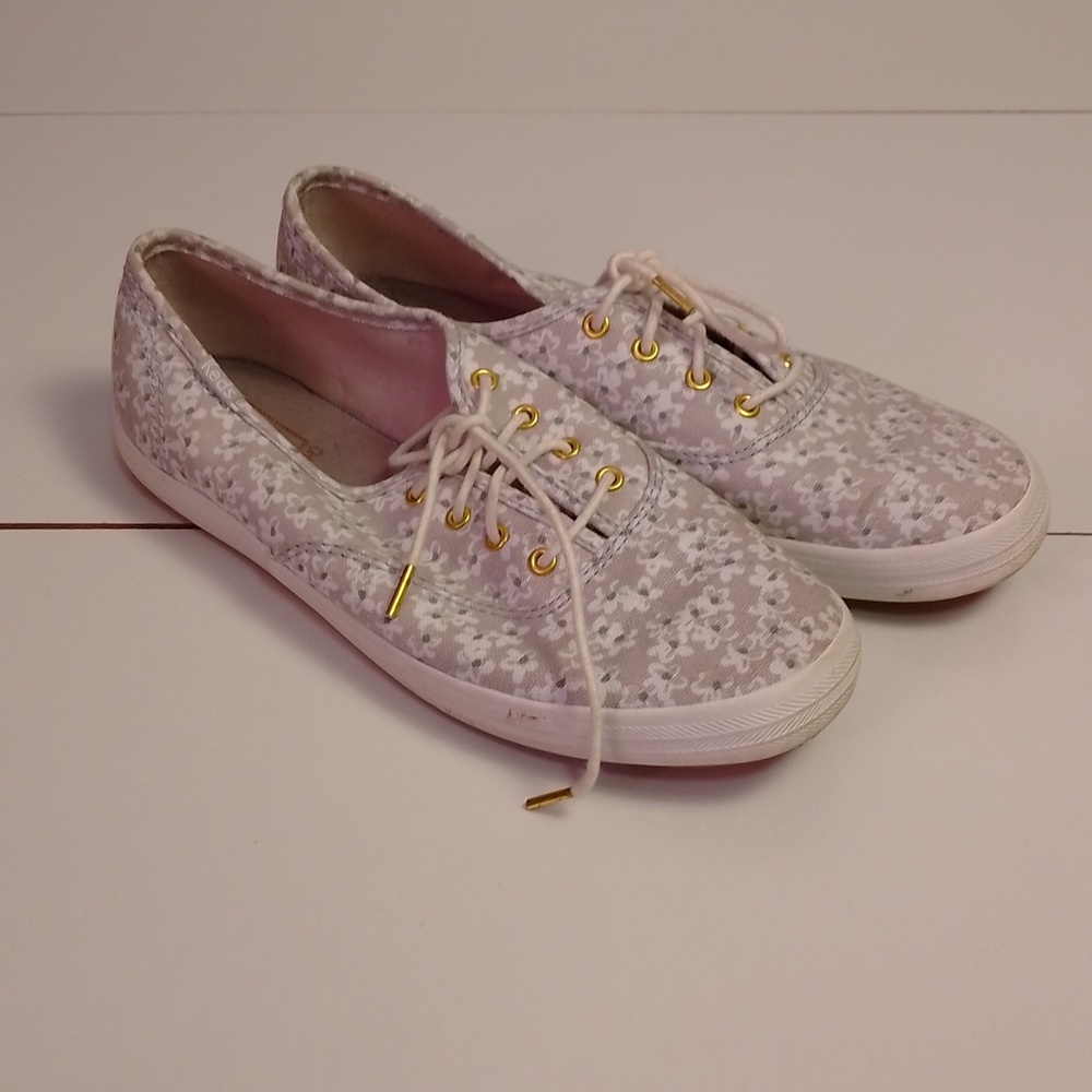 Keds grey ortholite floral shoes size 7 gold trim great condition